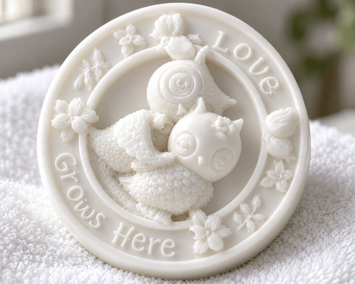 Top close-up view of the Love Grows Here owl massage bar leaning against its black Tea-licious storage tin on a stone vanity tray.