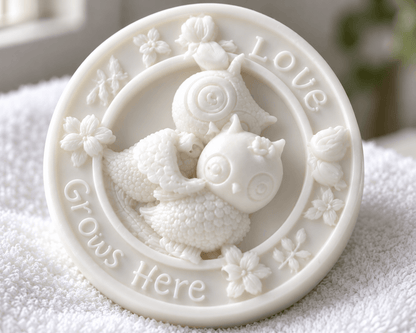 Top close-up view of the Love Grows Here owl massage bar leaning against its black Tea-licious storage tin on a stone vanity tray.