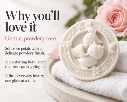 Tea-licious white Rose Petal Massage Bar with two owls and “Love Grows Here” lettering, resting on a white towel beside a blush rose. Text: “Why you’ll love it. Gentle, powdery rose. Soft rose petals with a delicate powdery finish. A comforting floral scent that feels quietly elegant. A little everyday luxury, one glide at a time.
