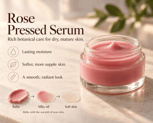 Rose Pressed Serum for dry, mature skin, highlighting lasting moisture, softer skin and radiance, with its texture changing from balm to silky oil.