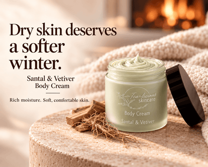 Tea-licious Santal & Vetiver Body Cream beside sandalwood and vetiver roots, with a glowing fireplace and the headline “Dry skin deserves a softer winter.”