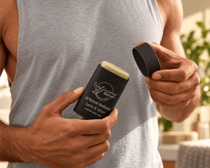 Man in a grey sleeveless shirt holding open Tea-licious Santal & Vetiver deodorant in a black oval container and its matching lid.