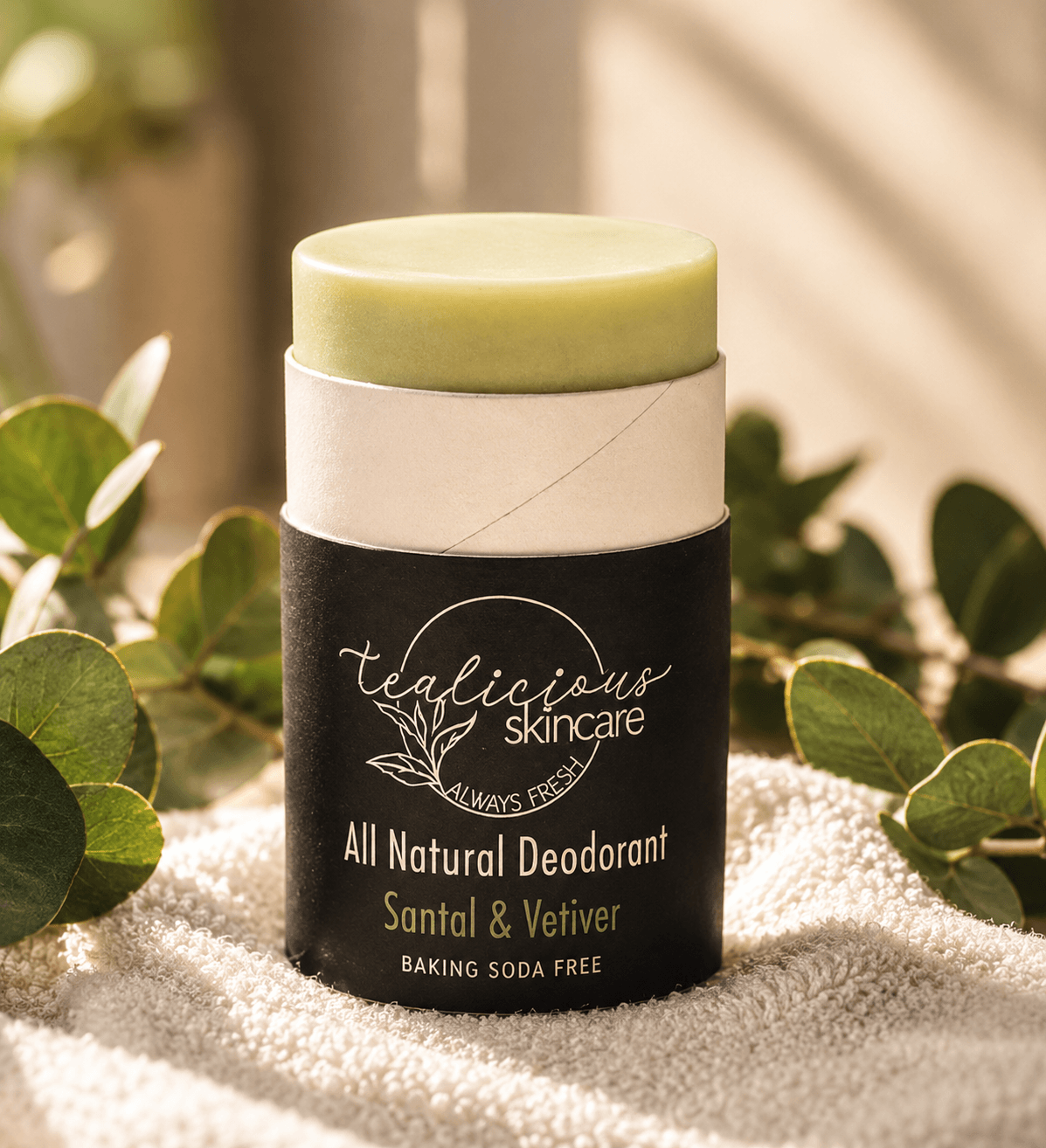 Tea-Licious Santal & Vetiver natural deodorant stick with baking soda-free formula displayed on a soft towel surrounded by eucalyptus leaves in warm natural light.