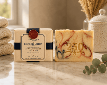 Limited-edition Tea-Licious Skincare 250th Anniversary soap and commemorative packaging featuring navy ribbon, wax seal, and numbered collector label.