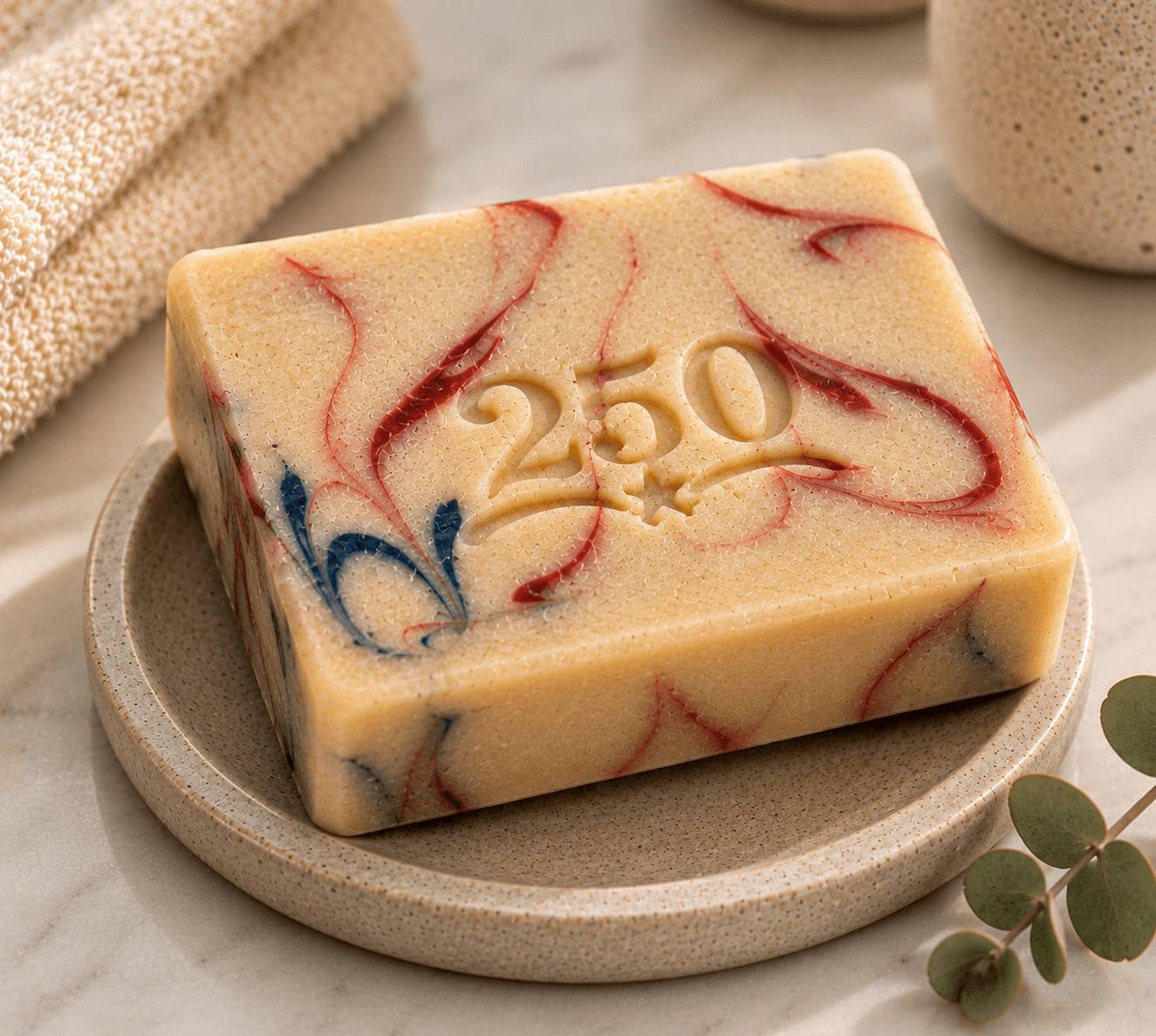 Tea-infused 250th Anniversary artisan soap from Tea-Licious Skincare with embossed 250 design, patriotic swirls, and handcrafted detail.