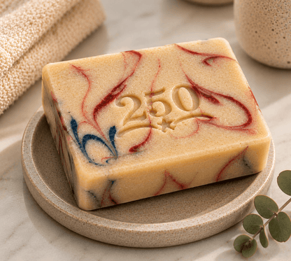 Tea-infused 250th Anniversary artisan soap from Tea-Licious Skincare with embossed 250 design, patriotic swirls, and handcrafted detail.