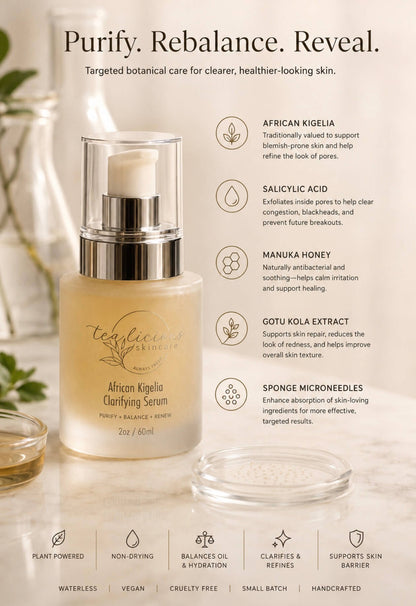 Tea-licious African Kigelia Clarifying Serum with acne-supporting botanical ingredients in warm clinical skincare setting.