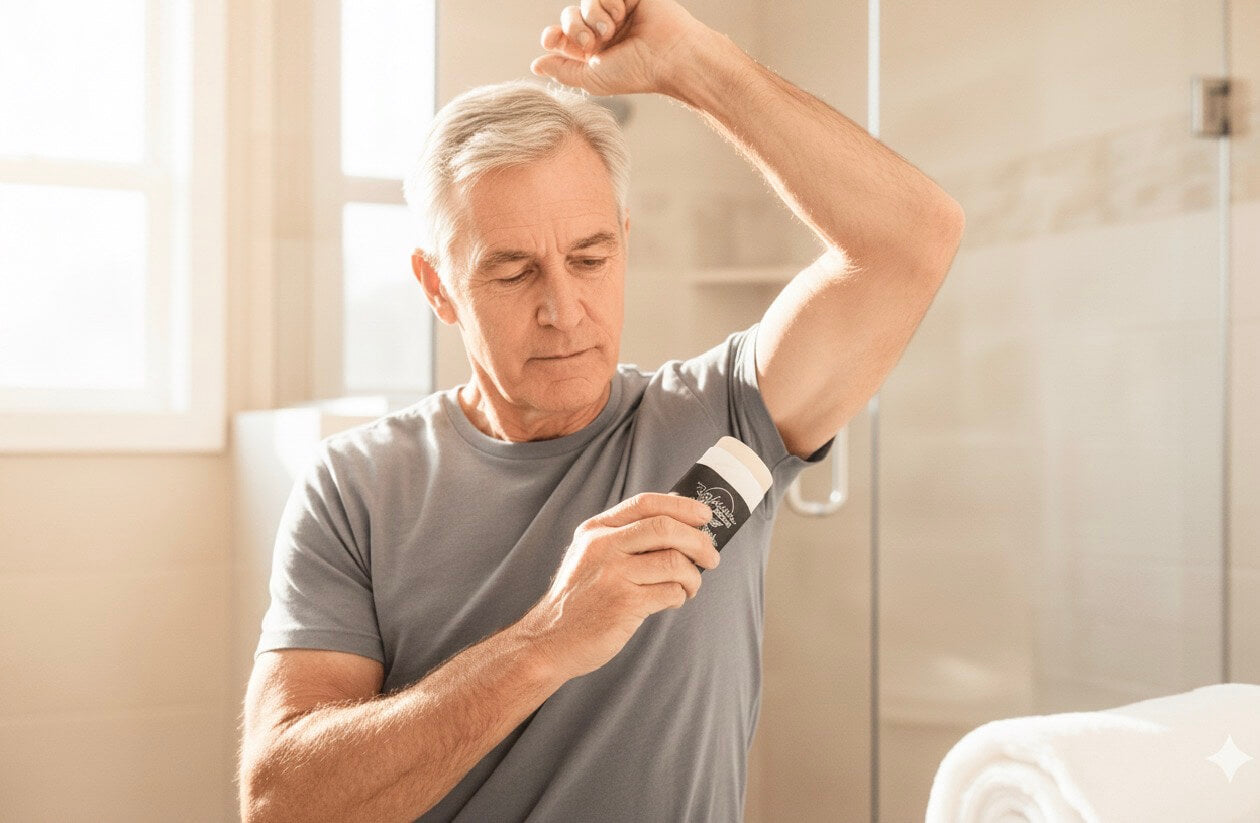 A man in a gray t-shirt applies a dark deodorant stick to his underarm in a brightly lit bathroom.