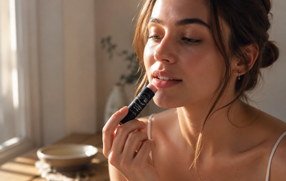 A woman applying Tea-licious Skincare lip balm in a cozy room with soft morning light. The image captures a realistic professional homestyle aesthetic, focusing on natural skin texture and the botanical-inspired formulation of the product.