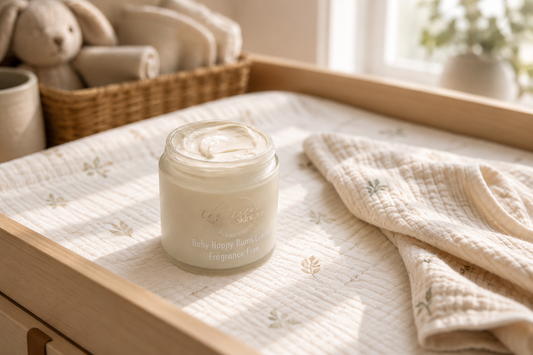 Glass jar of Tea-licious Skincare Baby Happy Bums Cream (fragrance free) on a wooden changing table tray, surrounded by soft neutral towels and a wicker basket with stuffed animals in the warm, sunlit background.