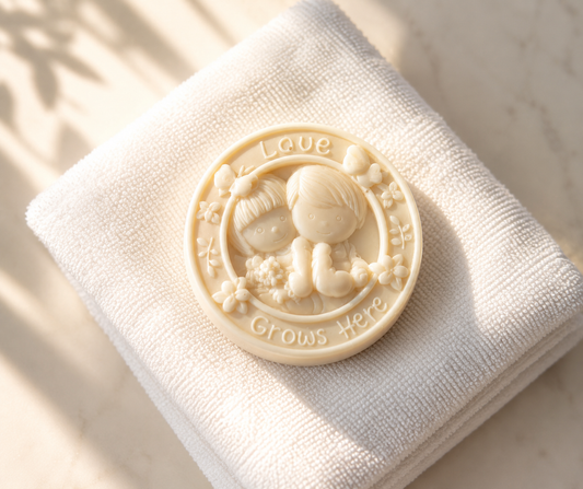 Round cream-colored Tea-licious Skincare massage bar featuring a detailed carved scene of a boy and girl holding hands, encircled by delicate flowers 