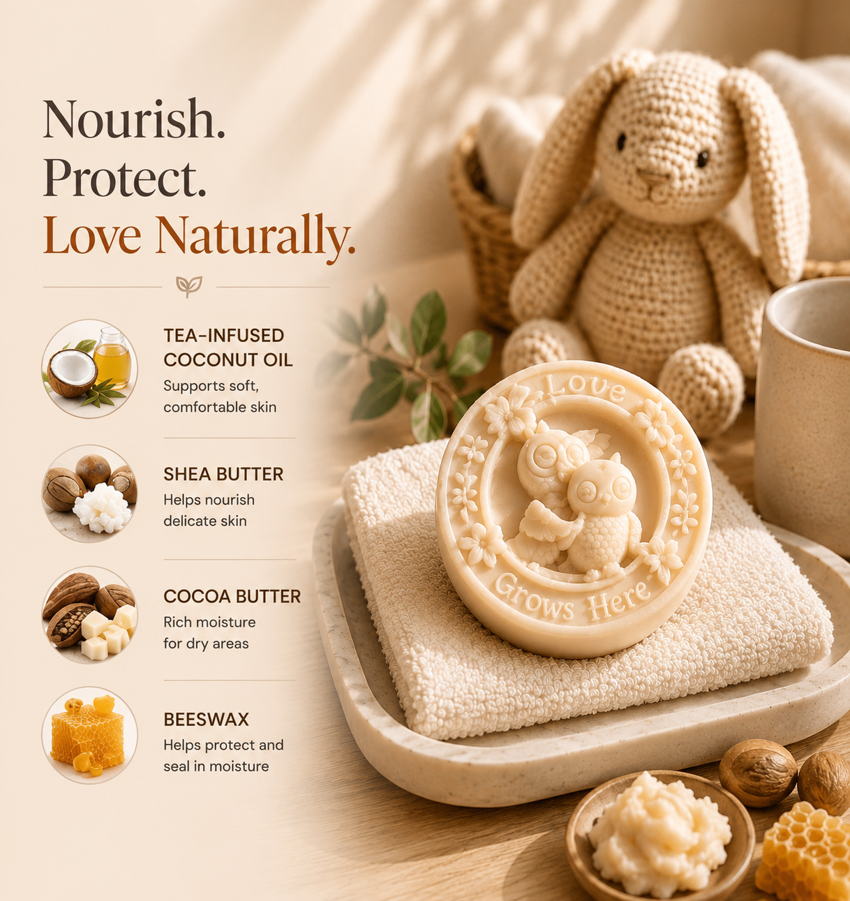Baby massage bar with coconut oil, shea butter, cocoa butter and beeswax in warm nursery setting.