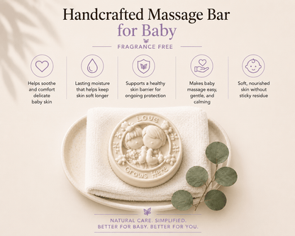 Tea-licious baby fragrance free massage bar ingredient benefits graphic on a folded towel.  
