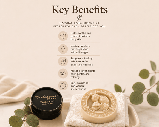 Handcrafted massage bar for baby on a white towel with text highlighting its features.