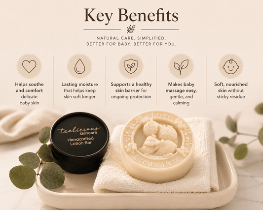 Handcrafted massage bar for baby on a white towel with text highlighting its features.