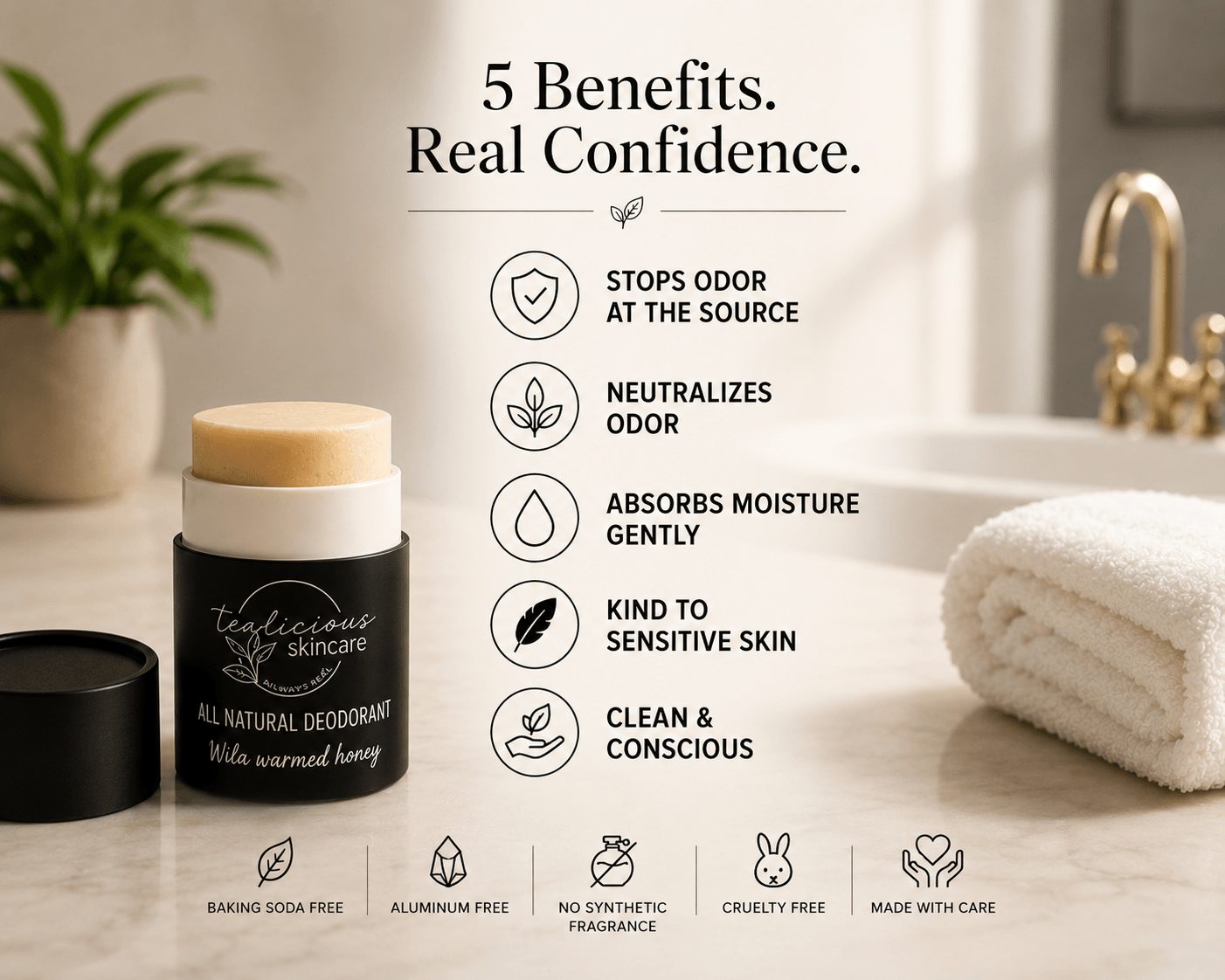Tea-licious Baking Soda Free deodorant with clean ingredient guide in warm spa lighting.