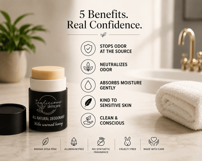 Tea-licious Baking Soda Free deodorant with clean ingredient guide in warm spa lighting.