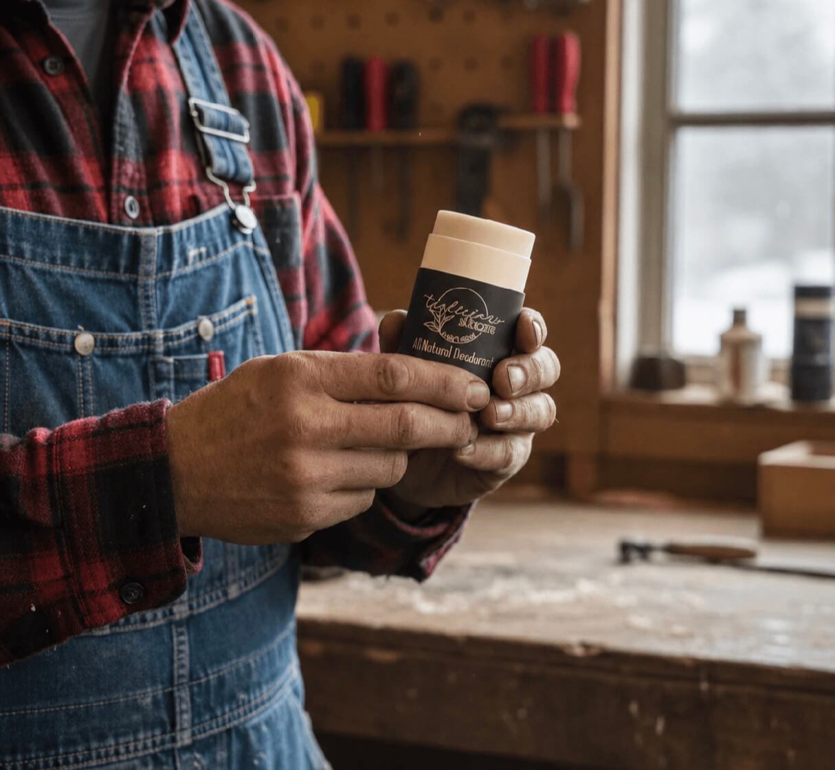 A person wearing a red flannel shirt holding a stick of Tea-licious Skincare baking soda free deodorant in a workshop setting.