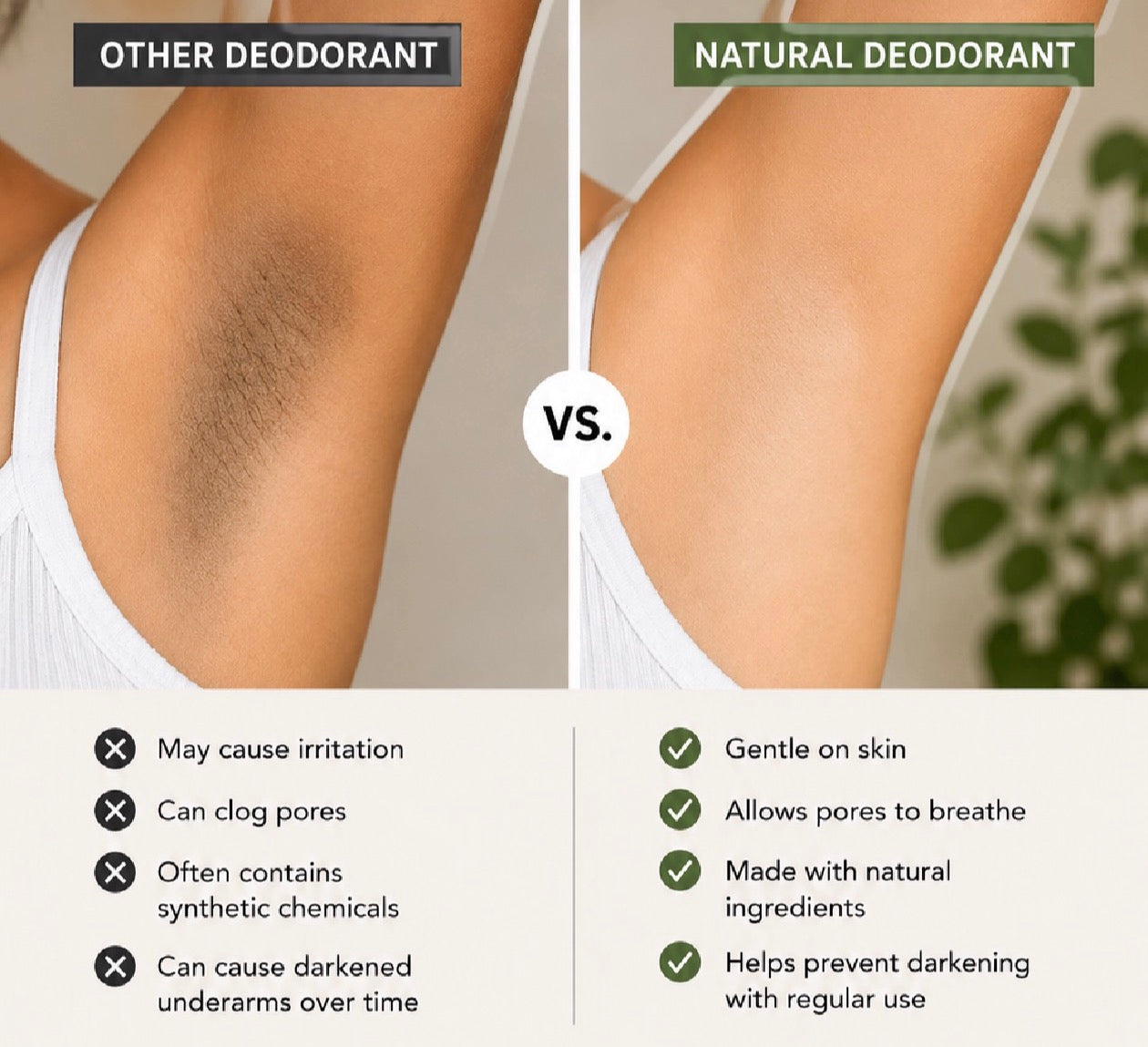Comparison chart showing the benefits of using Tea-licious Skincare natural, baking soda free deodorant versus traditional deodorants that may cause irritation and skin darkening.
