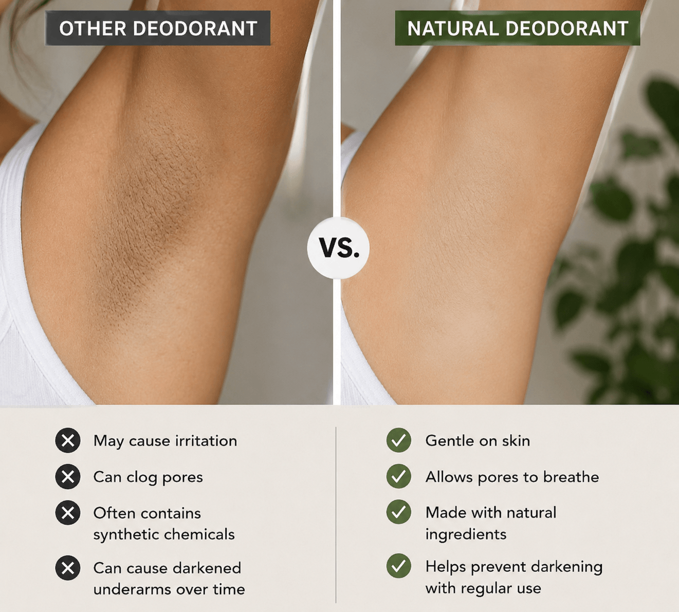Comparison of other deodorant and natural deodorant on underarms with text highlighting benefits.