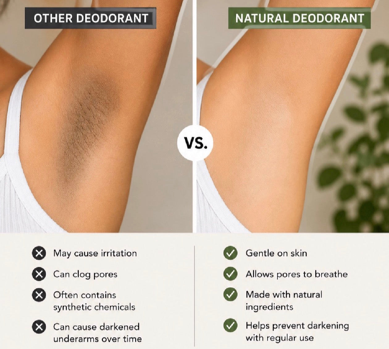 A comparison chart contrasting the benefits of Tea-licious Skincare natural, baking soda free deodorant against conventional products that may cause irritation and darkening.