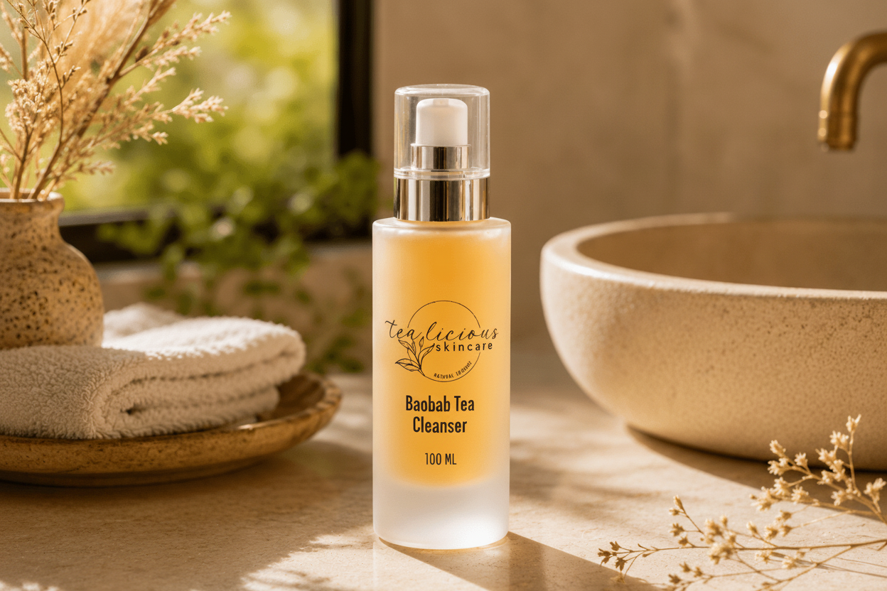 Tea-licious Baobab Tea Cleanser on elegant bathroom counter in warm natural morning sunlight
