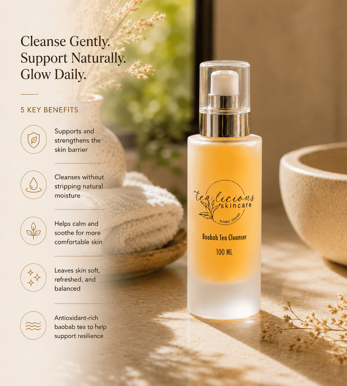 Baobab Tea Cleanser with five skin barrier benefits in warm natural morning light setting.