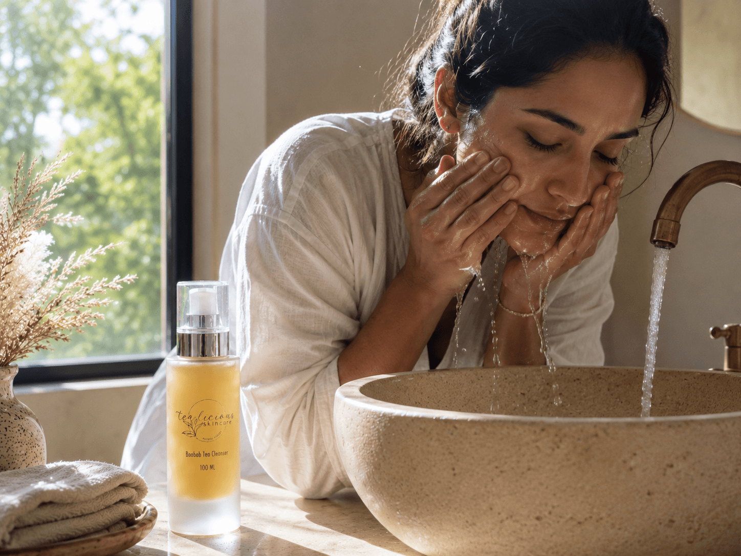 Woman cleansing face with Tea-licious Baobab Tea Cleanser in elegant sunlit bathroom setting
