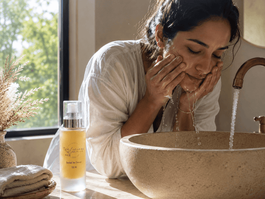 Woman cleansing face with Tea-licious Baobab Tea Cleanser in elegant sunlit bathroom setting