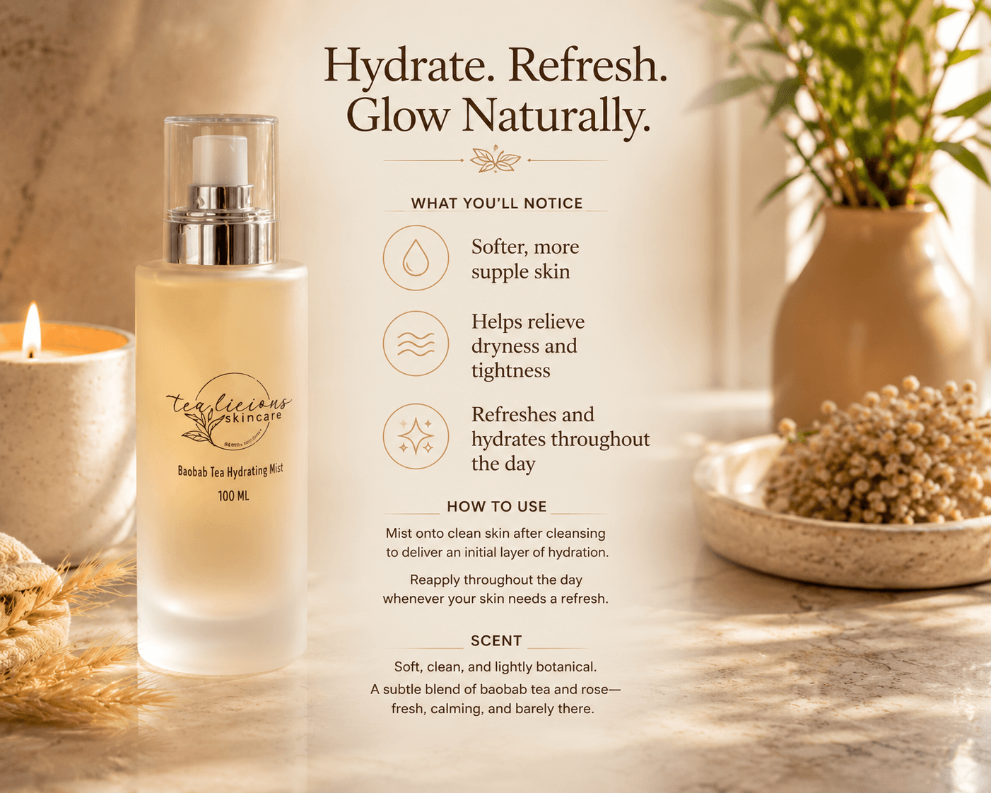 Tea-Licious Skincare Baobab Tea Hydrating Mist clinical benefits graphic highlighting softer, more supple skin, relief from dryness and tightness, and refreshing hydration throughout the day in a warm spa-inspired setting.