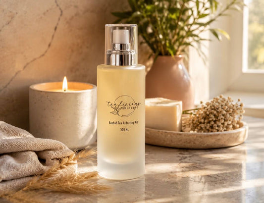 Baobab Tea Hydrating Mist on stone tray with botanicals in warm natural morning sunlight scene.