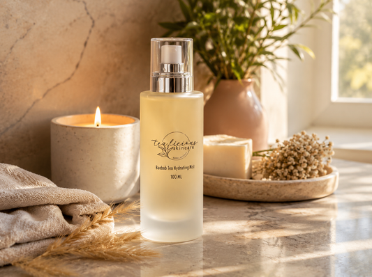 Baobab Tea Hydrating Mist with candle and botanicals in warm spa-inspired morning sunlight.
