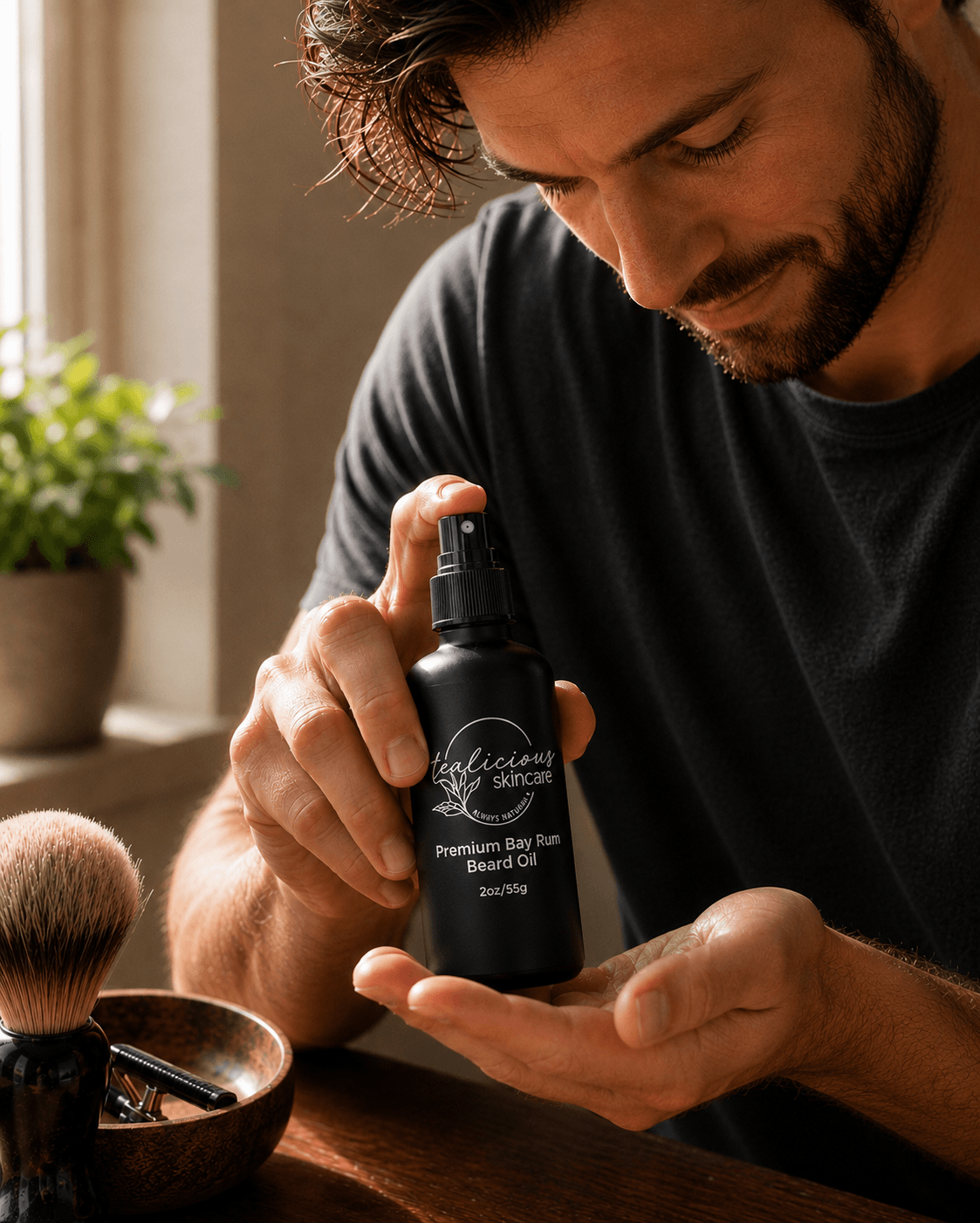 Man applying Tea-Licious Skincare Premium Bay Rum Beard Oil from a matte black bottle with silver logo and text, illuminated by warm natural window light in a classic barbershop-inspired grooming setting.