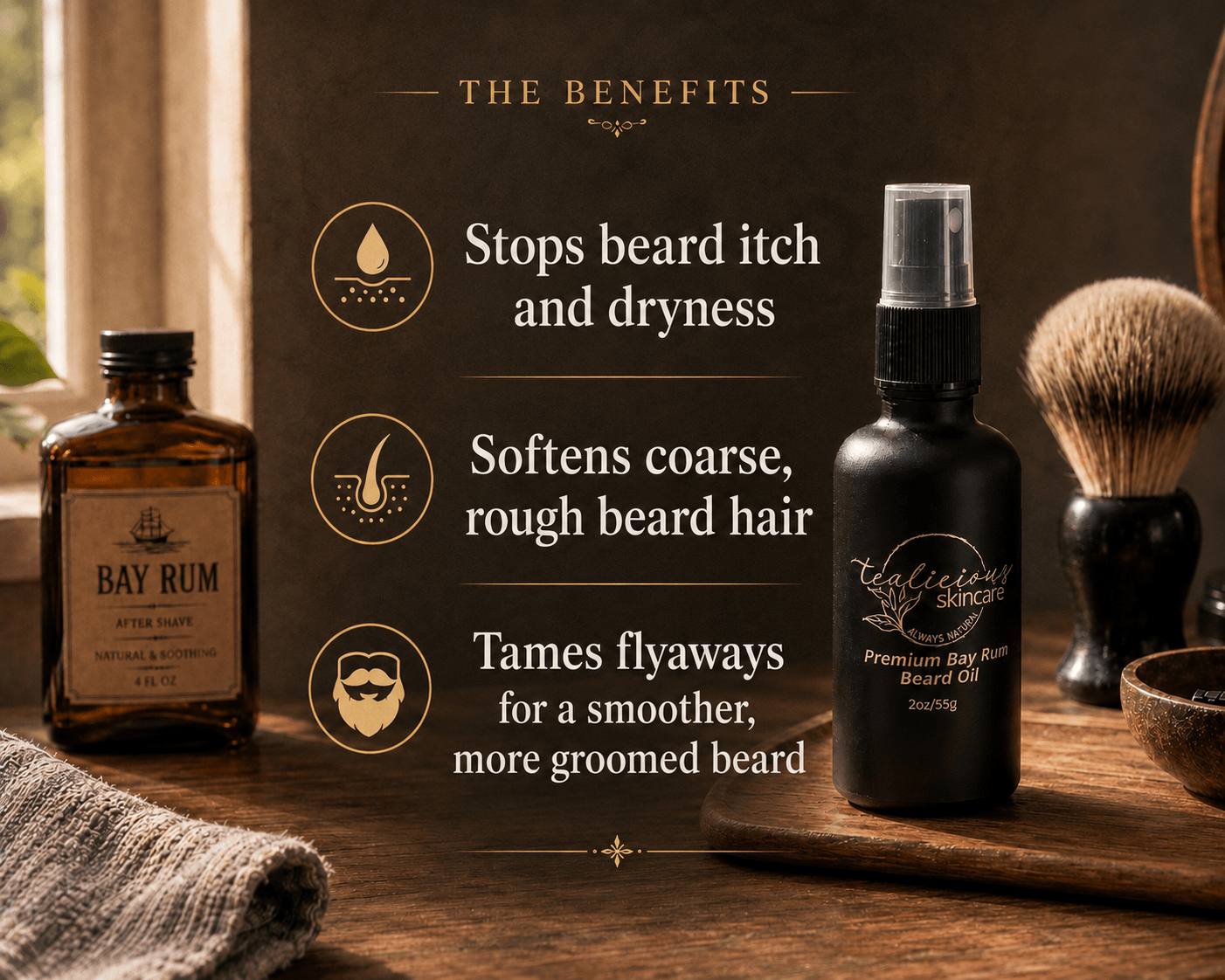Tea-Licious Skincare Premium Bay Rum Beard Oil displayed in a vintage barbershop setting with benefits highlighting relief from beard itch and dryness, softer coarse beard hair, and a smoother, more groomed beard.