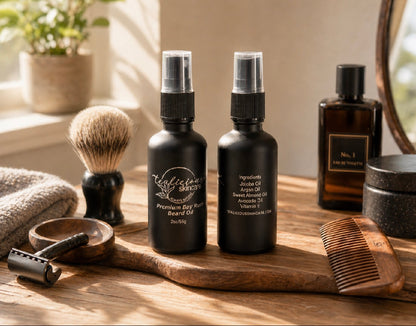 Front and back views of Tea-Licious Skincare Premium Bay Rum Beard Oil displayed on a wooden grooming tray with shaving brush, razor, comb, and vintage barbershop accessories in warm natural light.