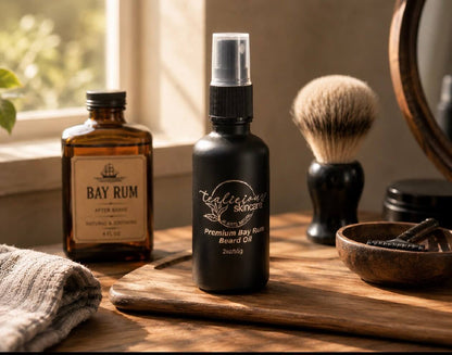Tea-Licious Skincare Premium Bay Rum Beard Oil displayed on a wooden grooming tray beside a traditional shaving brush and vintage bay rum bottle, illuminated by warm natural window light in a classic barbershop-inspired setting.