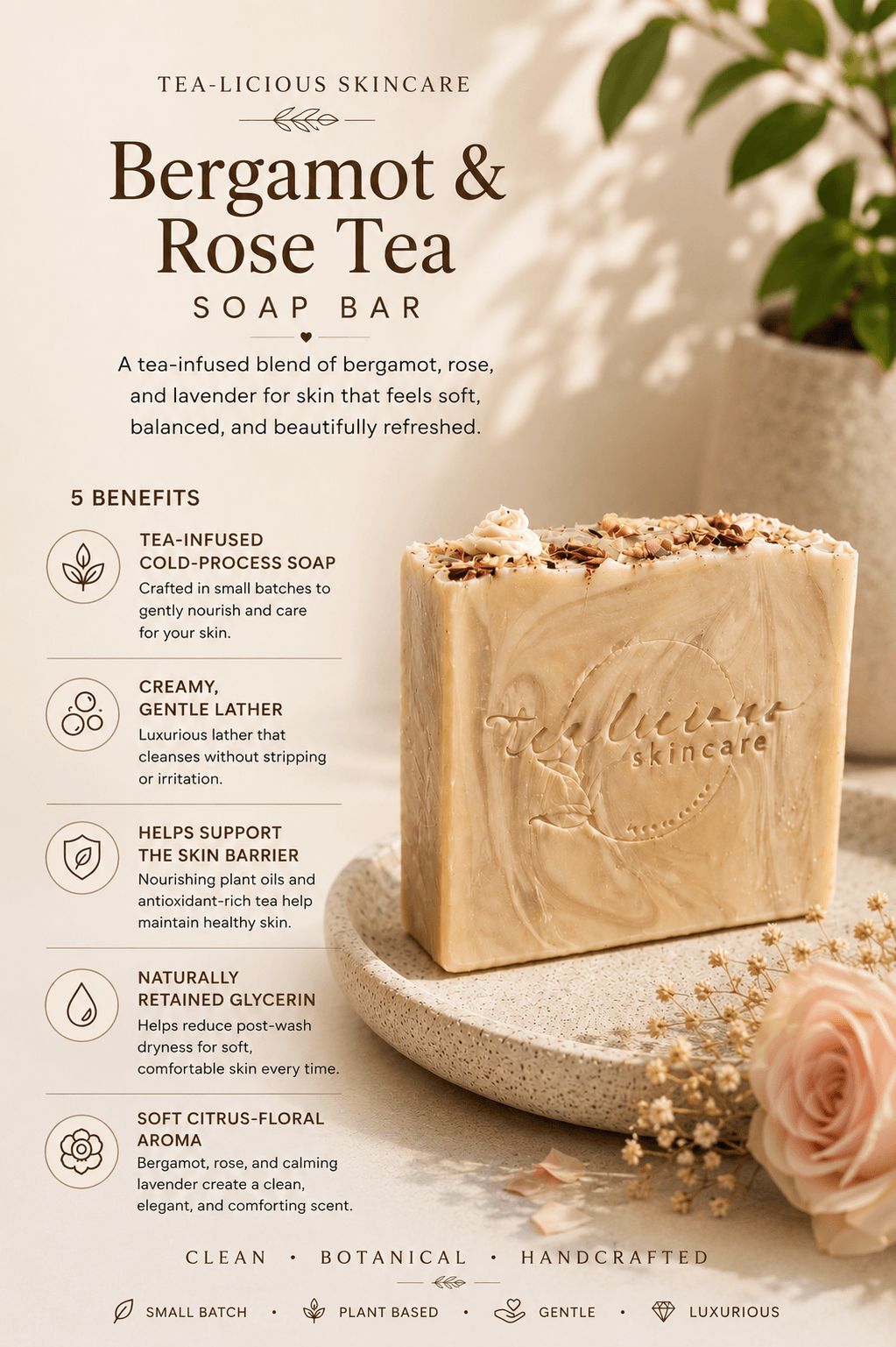 Tea-infused Bergamot & Rose soap with five skin benefits in warm spa-inspired botanical setting.