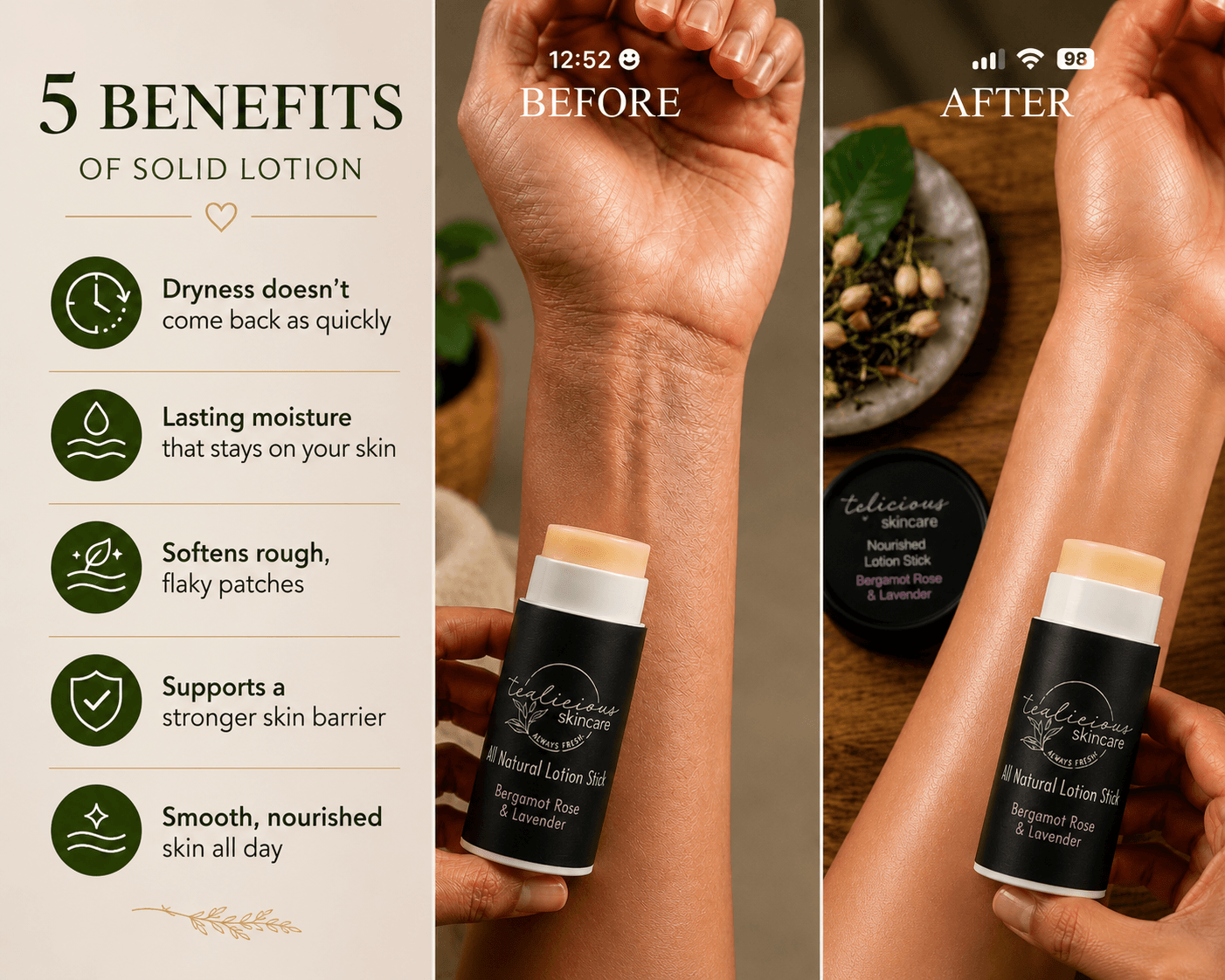Tea-licious Tobacco Leaf and Vanilla lotion stick with five skin benefits in a bathroom setting.