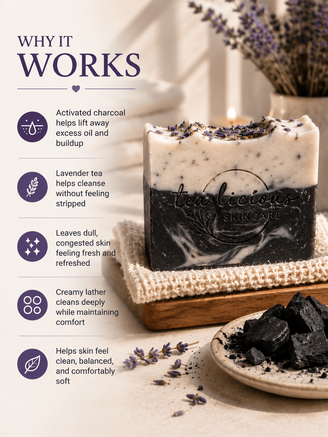 Tea-licious Black Lavender Charcoal Soap benefits graphic highlighting charcoal cleansing and lavender tea care.