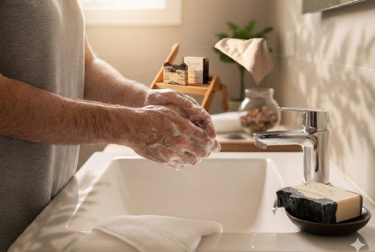 Man washing hands with Tea-licious Black Lavender Charcoal Soap in a bright bathroom setting.