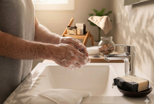 Man washing hands with Tea-licious Black Lavender Charcoal Soap in a bright bathroom setting.