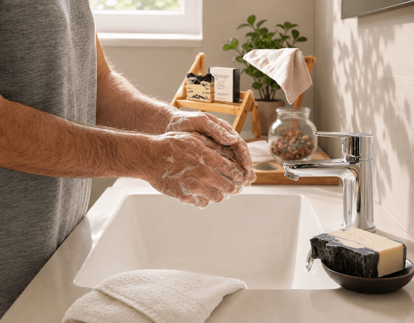 Man washing his hands with Tea-licious Black Tea & Sandalwood tea-infused men’s soap beside a bathroom sink, showing a rich creamy lather in a bright, spa-inspired setting.