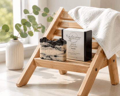 Tea-licious Black Lavender Charcoal Soap and gift box displayed on a wooden spa stool in sunlight.