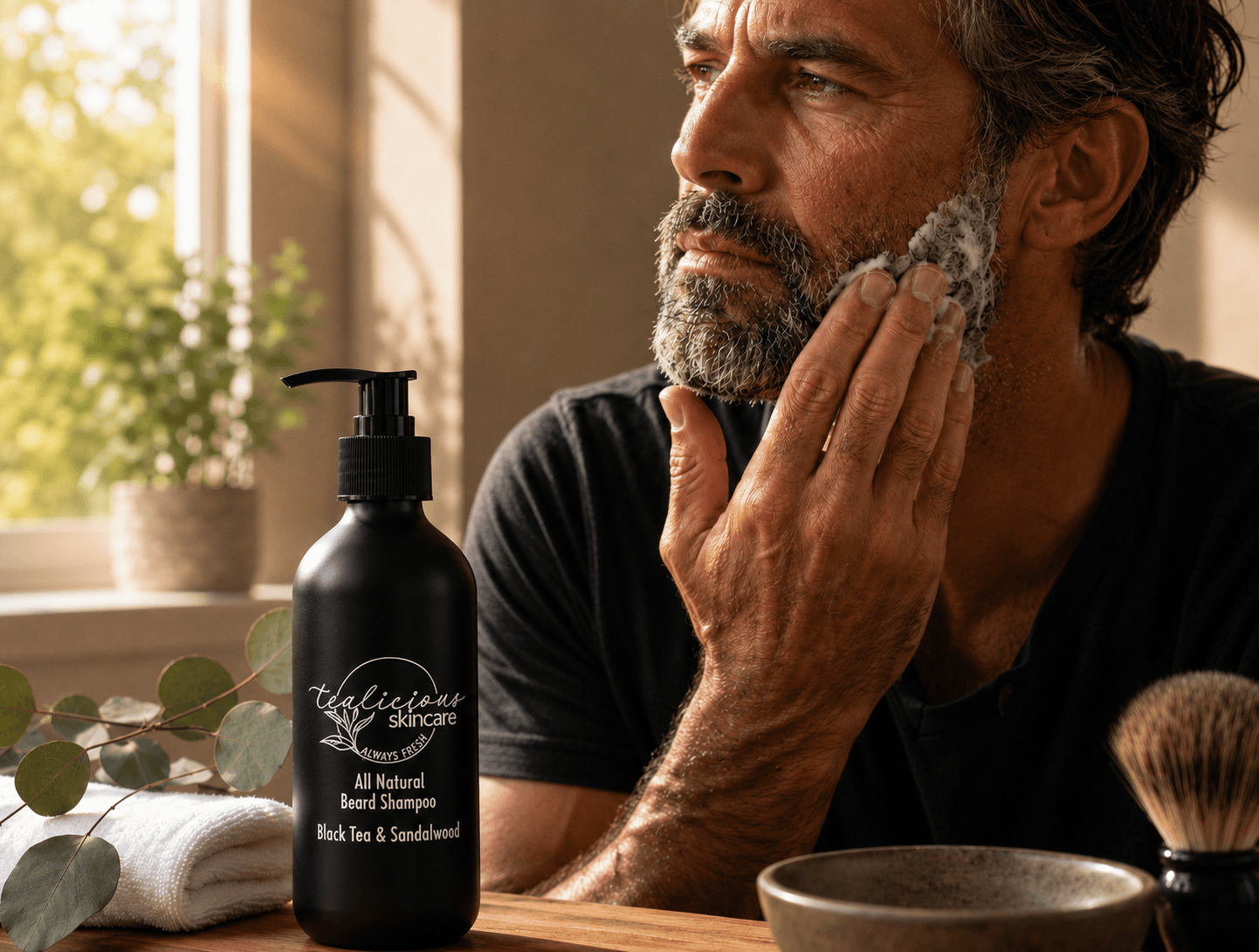 Man cleansing his beard with Tea-Licious Skincare Black Tea & Sandalwood Beard Shampoo beside a matte black bottle with silver branding, illuminated by warm natural window light in a refined men’s grooming setting.
