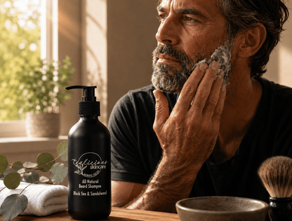 Man cleansing his beard with Tea-Licious Skincare Black Tea & Sandalwood Beard Shampoo beside a matte black bottle with silver branding, illuminated by warm natural window light in a refined men’s grooming setting.