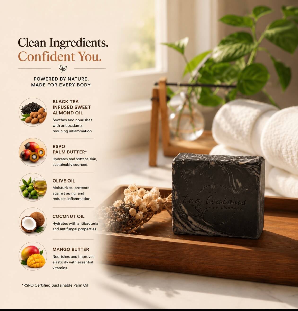 Bar of charcoal soap on a wooden tray with a blurred background of a bathroom.