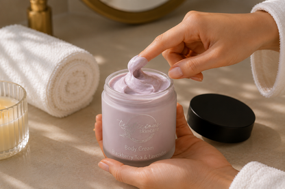 Hand scooping thick whipped Tea-licious Skincare Blackberry Tea & Lavender body cream in a warm bathroom scene with candle and rolled towel.