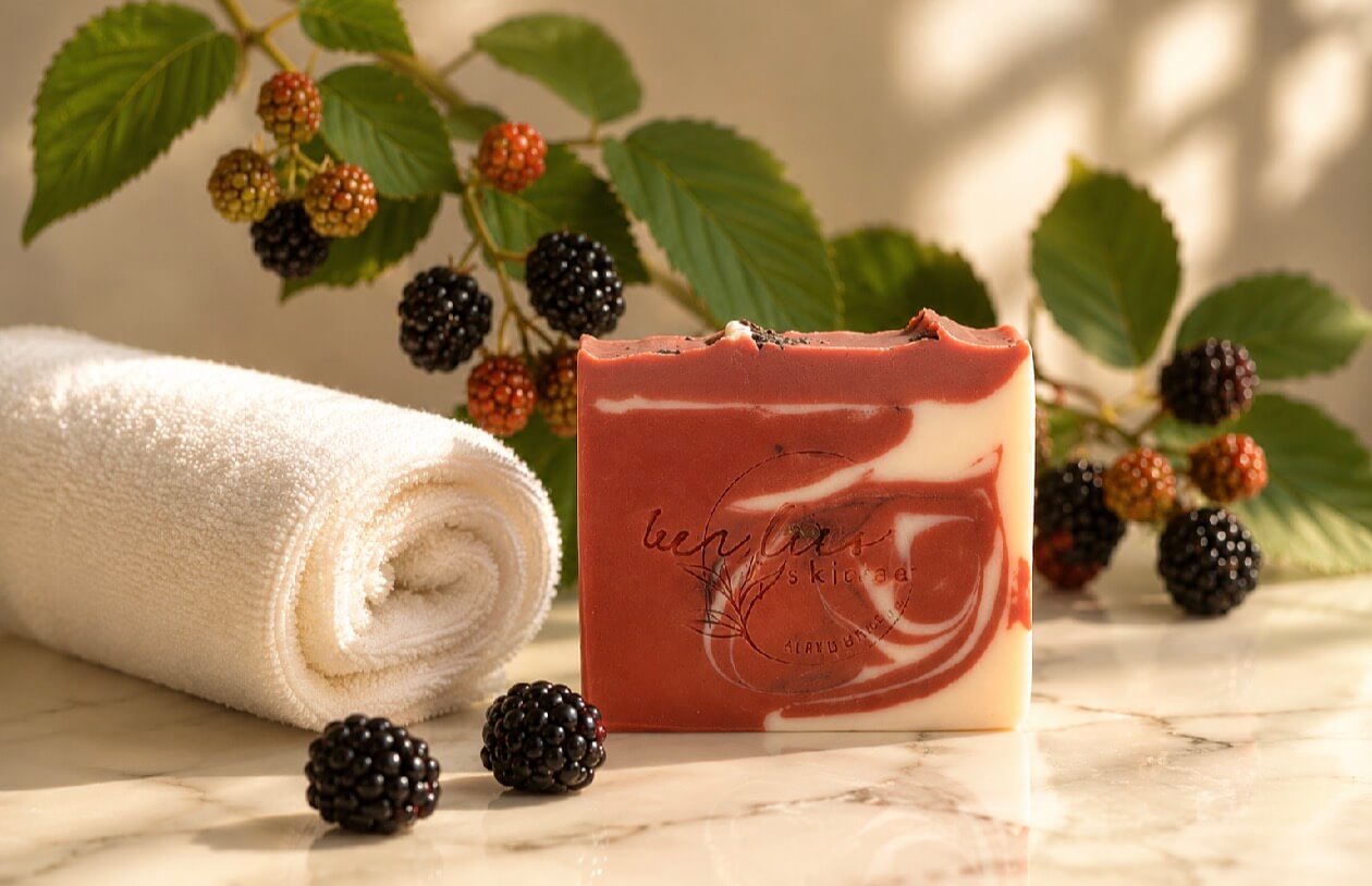Blackberry Tea & Lavender soap bar with fresh blackberries and towel in warm natural morning light