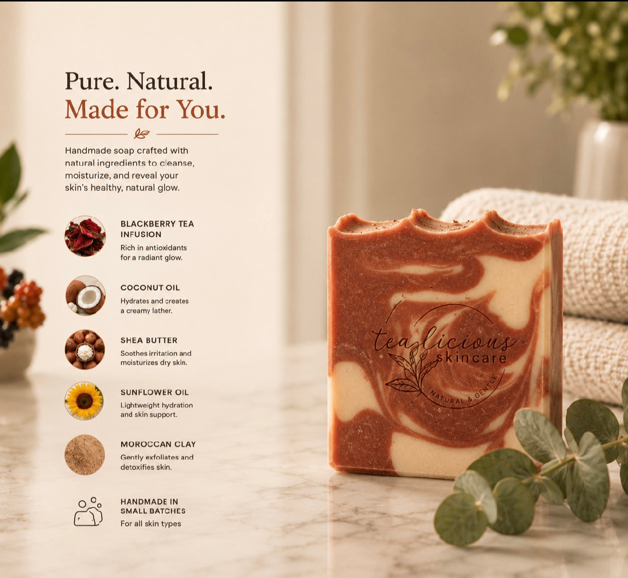 Blackberry Tea & Lavender soap infographic highlighting key ingredients and skin benefits clearly.
