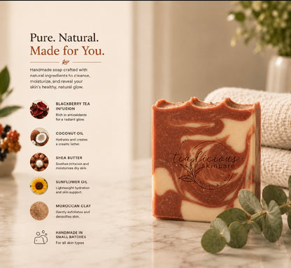 Blackberry Tea & Lavender soap infographic highlighting key ingredients and skin benefits clearly.